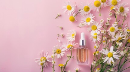 Poster - Natural herbal cosmetics with chamomile in glass bottle with flowers pink background Top view