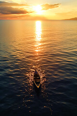 Wall Mural - A man is in a canoe on a lake at sunset.