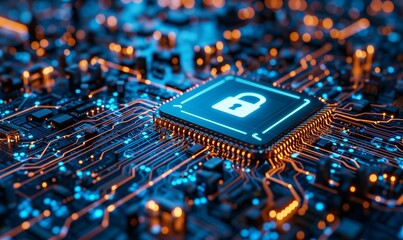 Poster - Close Up Of A Microchip With A Digital Lock Icon