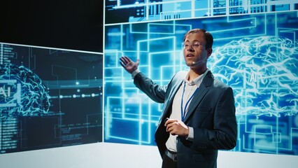 Poster - Smiling public speaker hosting AI convention gathering tech startups managers and academics. IT expert moderating symposium, teaching industry workers how to tap into artificial intelligence, camera B