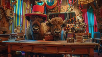 Wall Mural - Wild West Show: A vibrant and dynamic desk with a circus-like atmosphere. It features a large top hat, a pair of stuffed bison, and a variety of colorful streamers