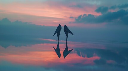 Wall Mural - Two origami figures on reflective surface, dusk hues backdrop