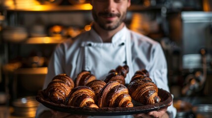 Master Chef presenting a Tray of Delectable Chocolate Croissants, Culinary Delight with Pastry and Chocolate Fusion