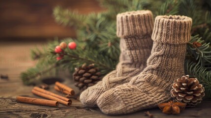 Sticker - Festive knitted socks with pine branch and cinnamon on wood backdrop