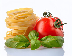 A nest of pasta, fresh basil leaves, and two ripe tomatoes on a white background