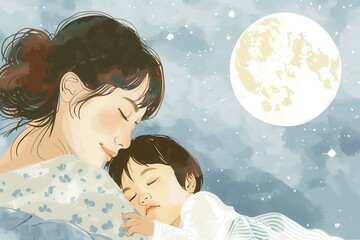 Poster - A mother gently cradles her sleeping child under the soft glow of a full moon. Generative AI