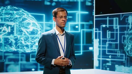 Poster - Smiling public speaker hosting AI convention gathering tech startups managers and academics. IT expert moderating symposium, teaching industry workers how to tap into artificial intelligence, camera A