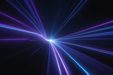 Wall Mural - dark abstract background with neon blue and purple streaks of light converging towards bright white 
