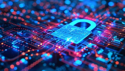 Poster - Digital Security Lock on Circuit Board With Red and Blue Lights