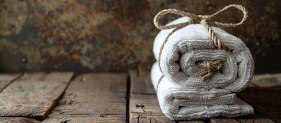 Canvas Print - Spa towel rolled and secured with hemp rope on a counter table, space for text.