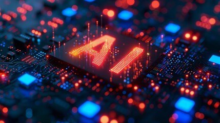 Poster - AI Logo Displayed on a Computer Circuit Board With Red and Blue Lights