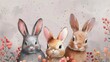 © Design Depot - Illustration featuring three cute rabbits among colorful flowers, capturing the beauty of nature and the lively, gentle spirit of these adorable creatures in a whimsical style.