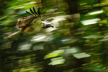 Wall Mural - Rare Philippine eagle soaring above tropical rainforest showcasing the grandeur of nature and wildlife using  a slow shutter speed to capture the dense foliage