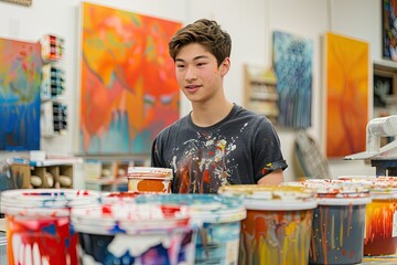 Wall Mural - A young man stands in front of a wall of paint cans, smiling. The room is filled with various colors of paint, and the man is in the process of choosing which one to use