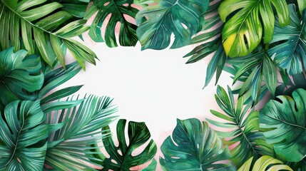 Wall Mural - A vibrant frame of tropical leaves encircles a blank center, creating an eye-catching border with rich green hues and varied leaf shapes, ideal for nature themes.