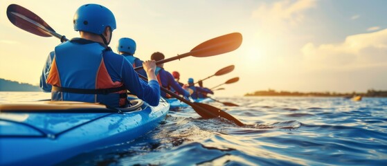 Poster - A group of people in blue kayaks paddling on the water. AI.