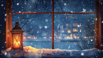 A tranquil winter scene with gently falling snow viewed through a window, featuring a glowing lantern on the windowsill, illustrating the serene and nostalgic essence of winter nights.