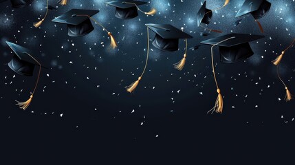 Depiction of graduation caps flying in the air with a backdrop of celebratory sparkles, representing success, happiness, and the exciting journey ahead for graduates.
