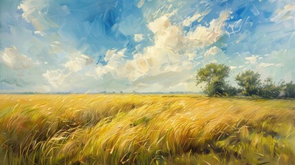 Wall Mural - A painting of a field with a blue sky and clouds. The sky is filled with clouds, and the grass is tall and dry. The painting evokes a sense of calm and tranquility