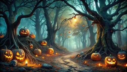 Wall Mural - Dark forest with lit jack-o'-lanterns and twisted trees in Halloween scene, Halloween, scary, dark, forest, jack-o'-lanterns, haunted