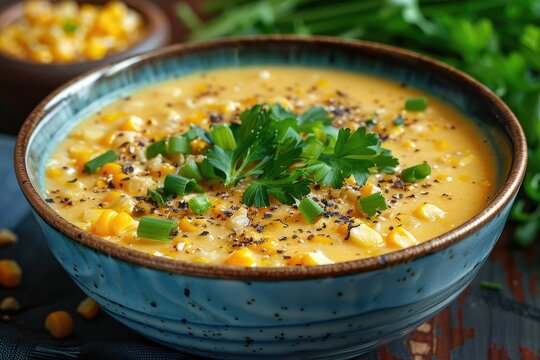 A bowl of soup with corn and parsley. The soup is yellow and has a lot of seasoning