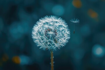 Canvas Print - A close up of a dandelion with a single seed head. The flower is surrounded by a blue background