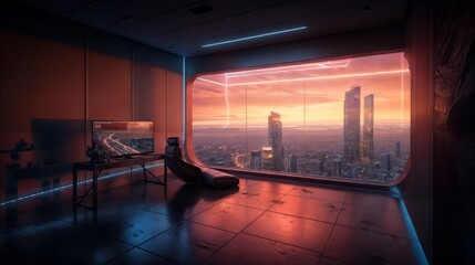 Poster - Futuristic room with large window overlooking a city at sunset