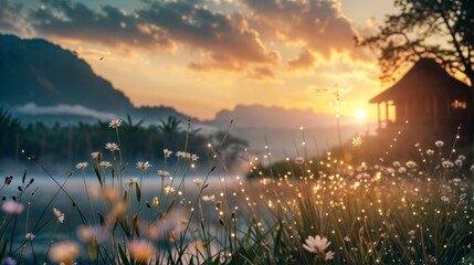 Wall Mural - Beautiful sunrise over a wildflower field with mountains in the background