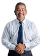© Pajaros Volando - Smiling Pacific Islander older man in a white shirt and blue tie, isolated on a transparent background.