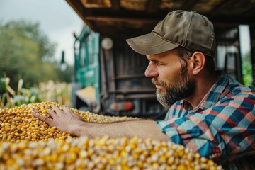 Wall Mural - A man is standing in a field of corn and is looking at the corn. He is wearing a hat and a plaid shirt