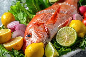 Wall Mural - A fish is on a plate with a variety of vegetables including onions, tomatoes, and limes