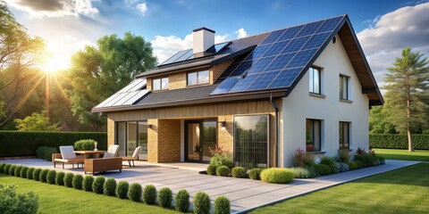 Wall Mural - Modern house with solar panels and heat pump technology, modern, house, building, solar panels, heat pump