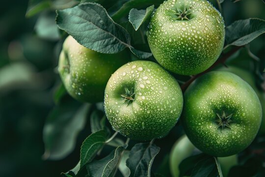 Three green apples are hanging from a tree. The apples are wet and shiny, and they are surrounded by green leaves