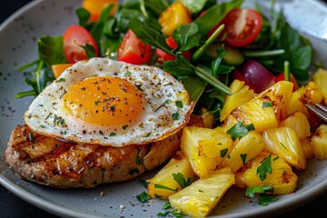 Sticker - Homemade healthy Sunday meal gammon steak egg chips pineapple mixed veg salad