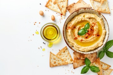 Wall Mural - Homemade hummus with olive oil and pita chips on white background