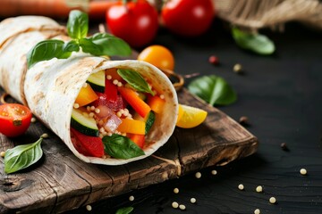 Poster - Homemade veggie couscous wrap with fresh veggies and basil on rustic table