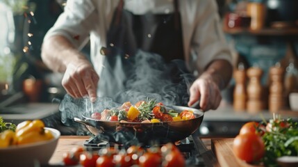 A chef is cooking a meal in a pan with a lot of smoke coming out of it.