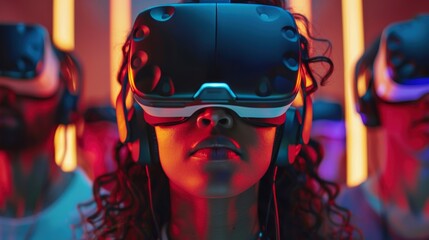 A woman wearing a virtual reality headset is the center of attention in a group of people. Concept of excitement and anticipation as the woman prepares to enter the virtual world