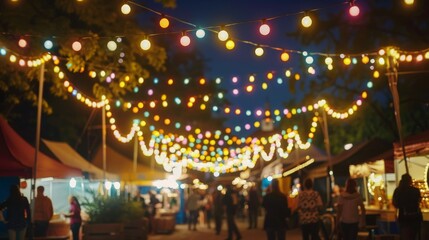 Festival lights strung up against a night sky