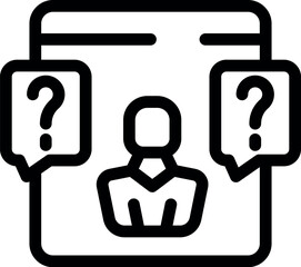Poster - Line icon of a businessman thinking with question marks on a laptop screen, representing online support