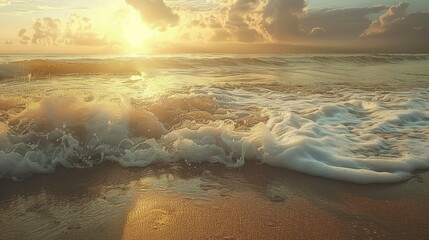 Wall Mural - Golden Sunset Over a Tranquil Beach with Waves Crashing on the Shore