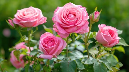 Wall Mural - Pink roses fully blooming with green leaves and prickly branches in the background