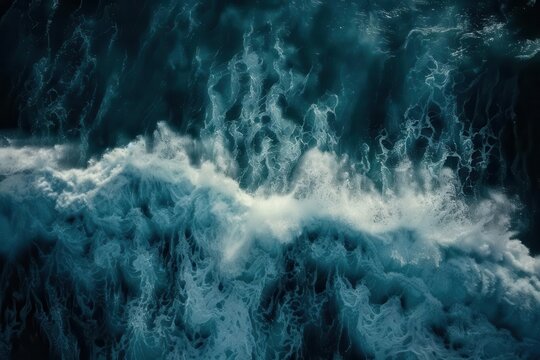 oceanic fury aerial view of massive wave cresting foamy white cap against deep indigo waters swirling eddies dynamic water patterns stormy sky distant lightning moody atmosphere