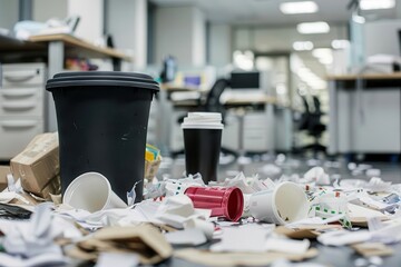 Wall Mural - overflowing office trash can spills paper and coffee cups onto floor chaotic mess contrasts with sterile corporate environment symbolizes waste overwork or disorganization in the workplace