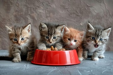 Wall Mural - playful kitten quintet five fluffy kittens eagerly gathered around overflowing food bowl vibrant colors soft fur textures expressive eyes whiskers and paws