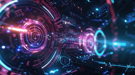 Wall Mural - Futuristic HUD interface with glowing neon circles, digital data visualization, and high tech elements. Concept of technology, cyberspace, gaming, and the metaverse.