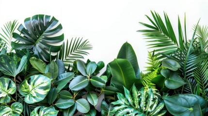 Lush green tropical leaves on white background, nature border or frame for design. Concept of summer, nature, tropics, and freshness.