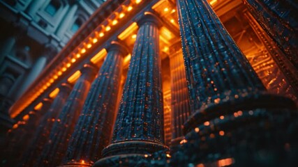Poster - This Close-up view of glowing blue columns of a classic building.