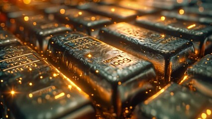 Fototapete - This Shiny gold bars stacked on a reflective surface. Wealth and finance concept background.