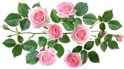 Wall Mural - Beautiful pink roses on a branch with green leaves. Floral arrangement isolated on white background.